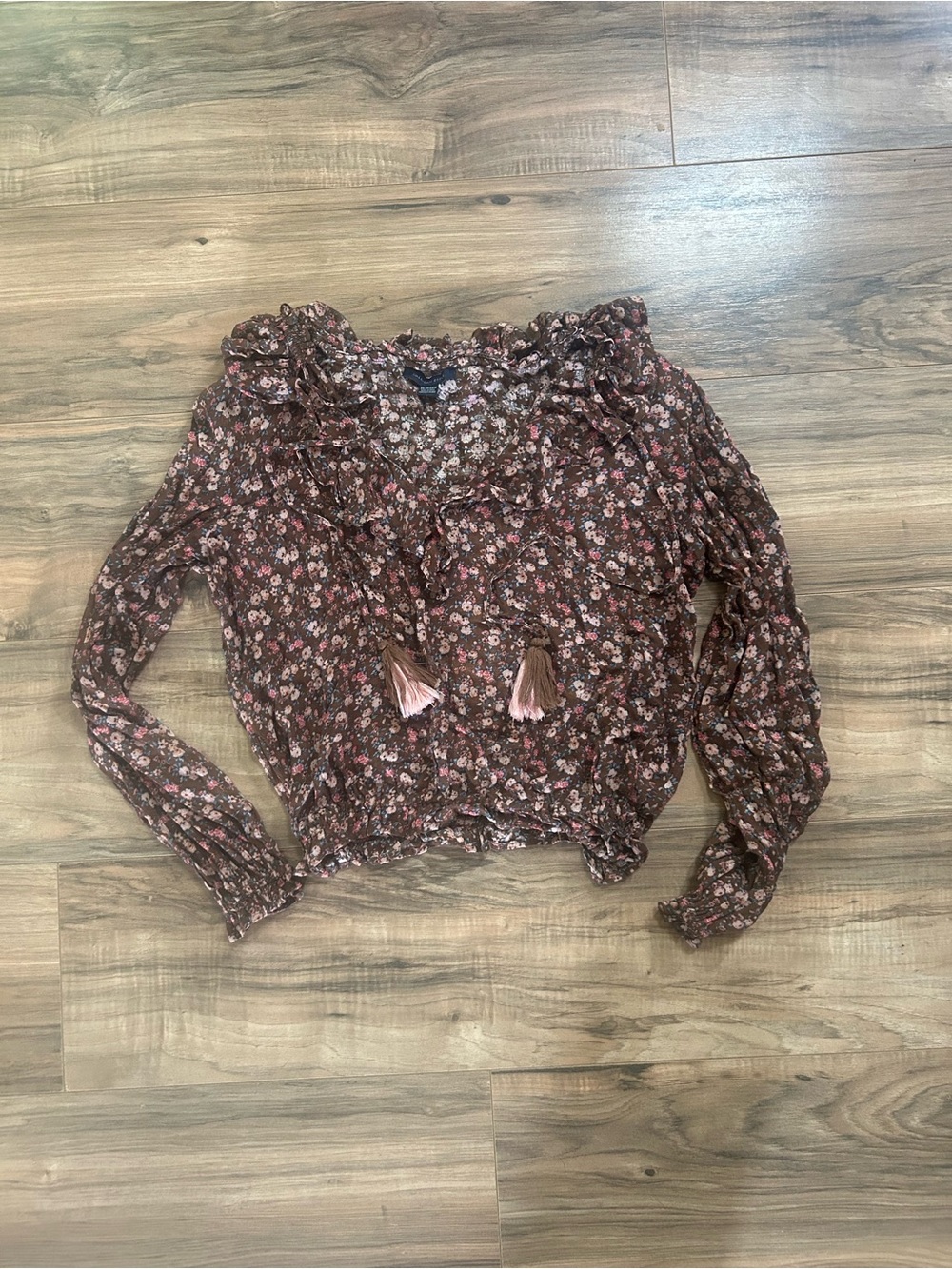 American Eagle Floral Ruffle Tie-Neck Blouse - Brown